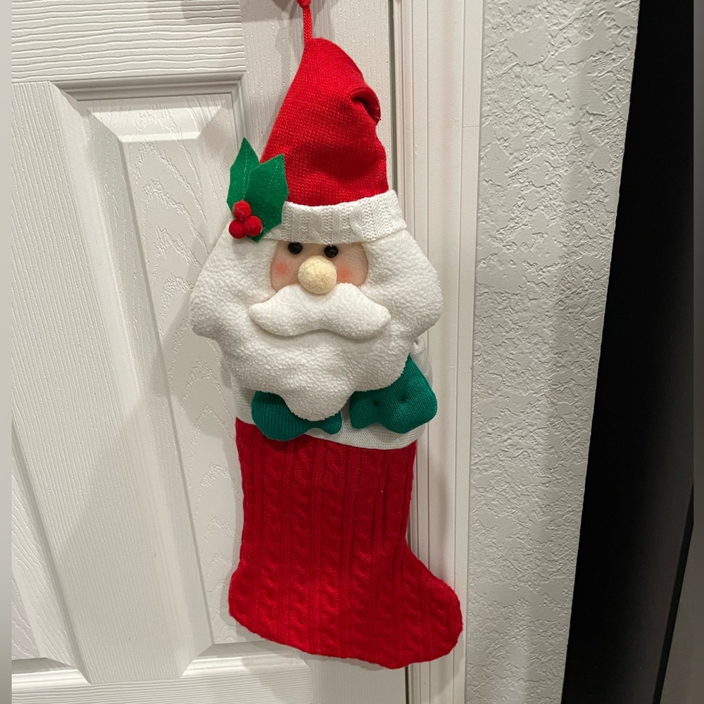 Vintage crocheted cable knit sweater christmas stocking w santa head topper